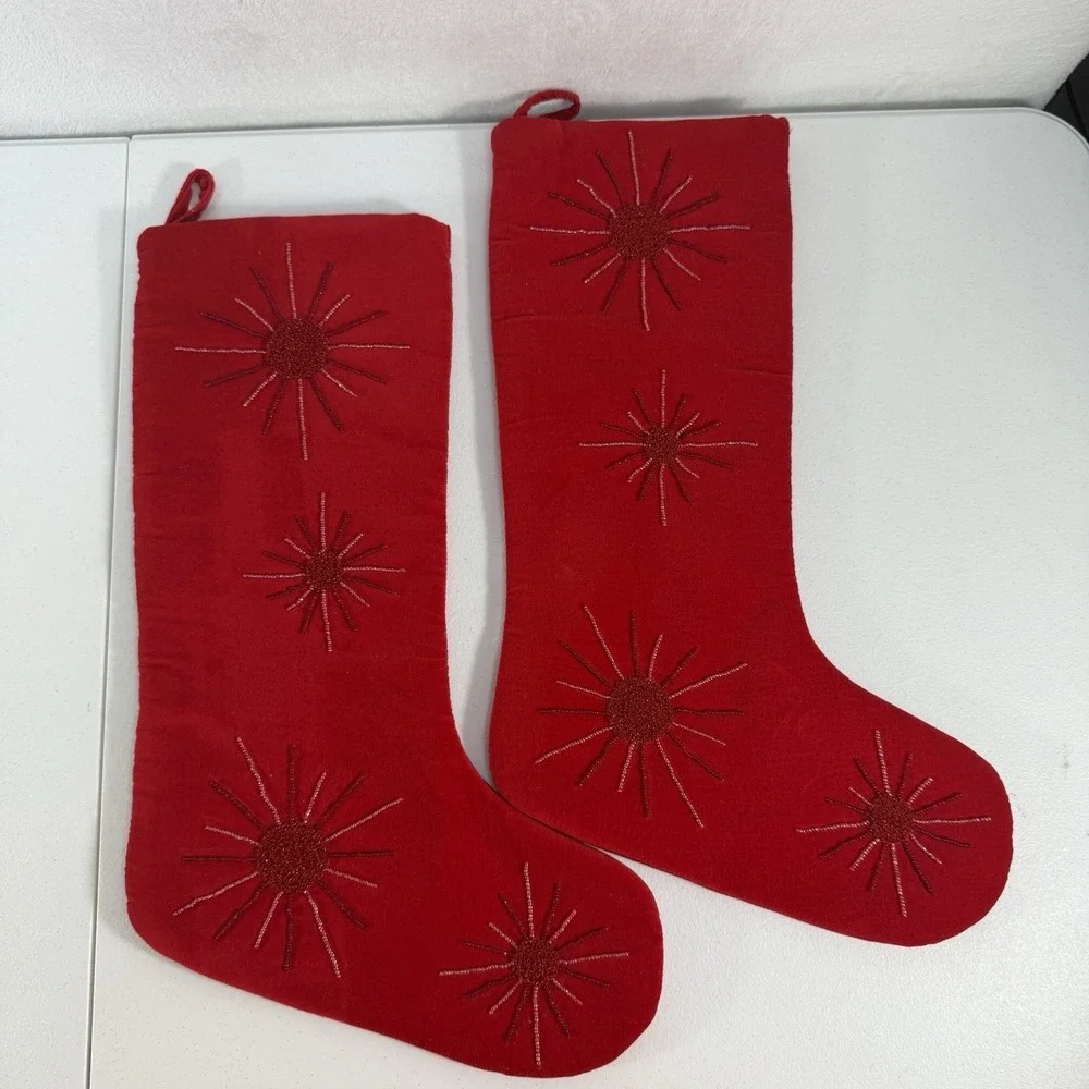 Merry Christmas Stocking Red Velvet Beaded Xmas Hanging Primitive‎ Mid-Century